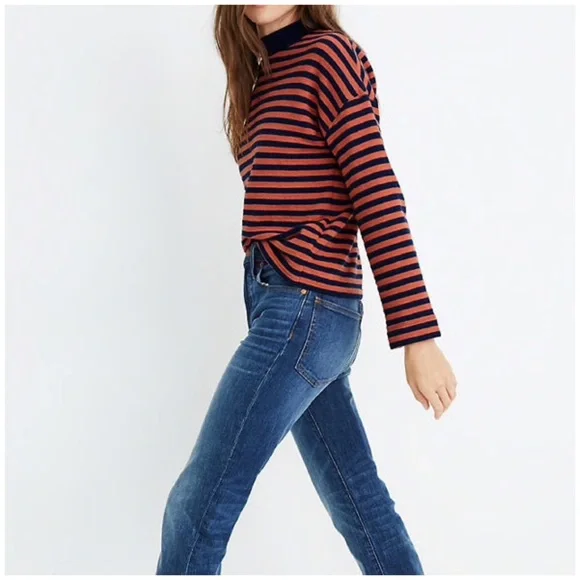 Madewell Striped Mockneck Boxy Top XXS navy blue orange shirt cotton - Picture 8 of 8
